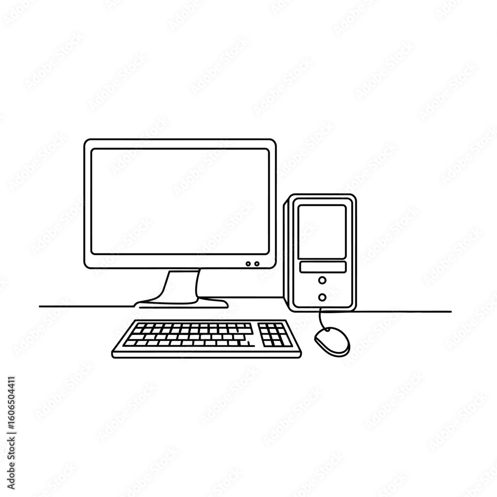 Poster continuous line drawing of a desktop computer with monitor keyboard and mouse