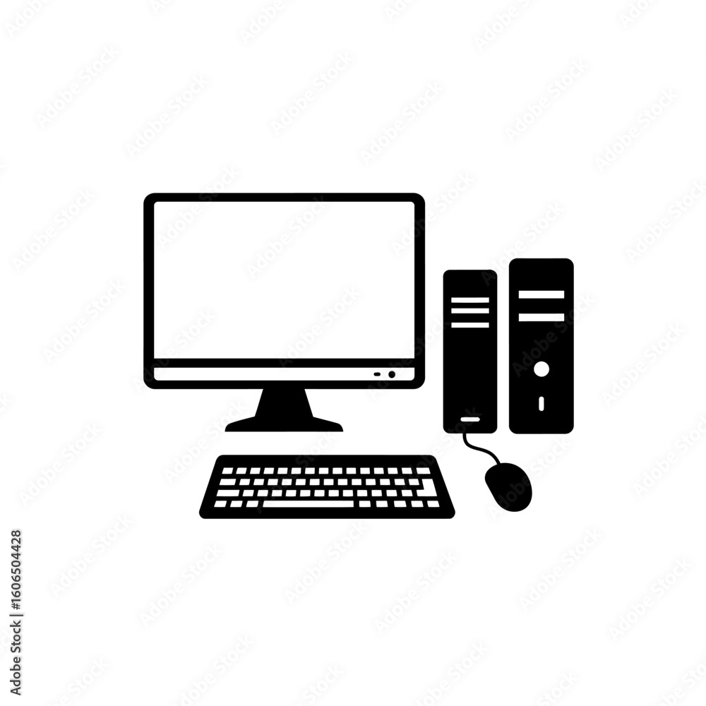 Poster desktop computer vector illustration with monitor keyboard mouse and computer tower