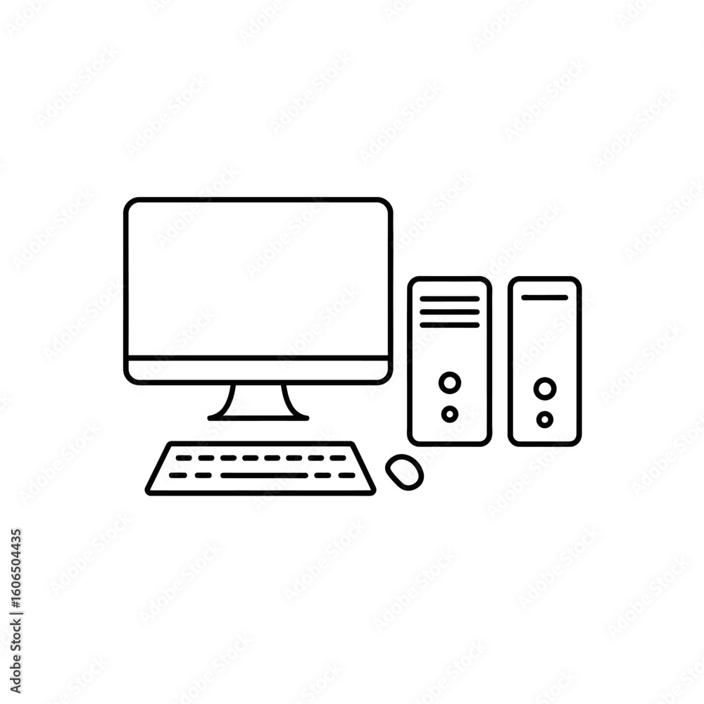 Poster desktop computer line art illustration with keyboard mouse and two towers