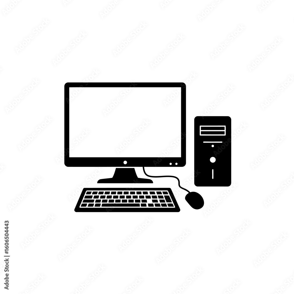 Poster desktop computer icon with monitor keyboard mouse and tower in black and white