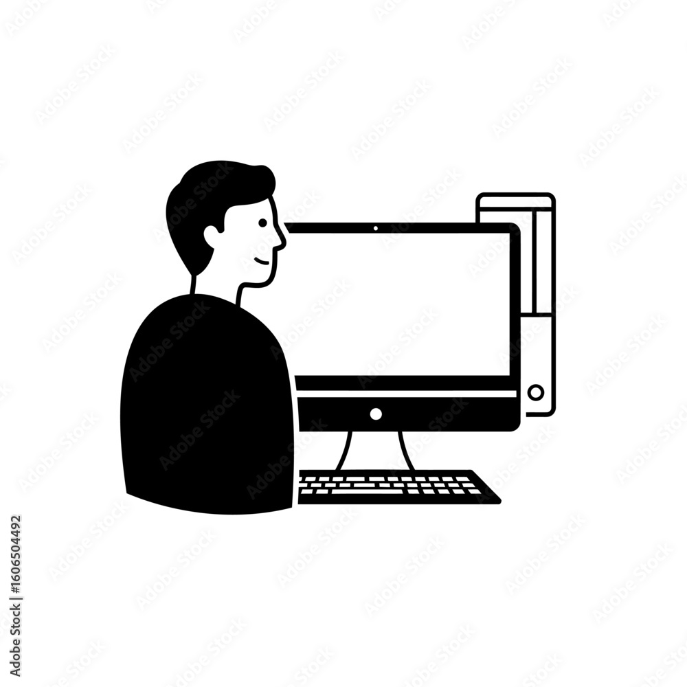 Poster man working on computer vector illustration in black and white style