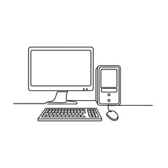 Continuous Line Drawing of a Desktop Computer with Monitor Keyboard and Mouse