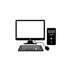 Desktop Computer Icon with Monitor Keyboard Mouse and Tower in Black and White