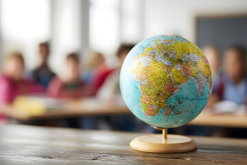 A globe sits on a wooden desk in a classroom with students blurred in the background learning geography