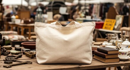 A professional mockup of a grocery shopper holding a blank, natural canvas tote bag full of fresh, organic vegetables and a baguette.