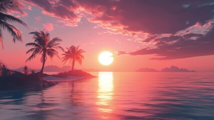 Romantic Tropical Sunset with Palm Trees and Reflected Pink Sunlight Over Ocean Horizon