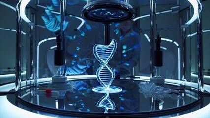 Professional scientist manipulating glowing holographic dna double helix model in cutting edge research laboratory, demonstrating advanced genetic technology and medical innovation - Powered by Adobe