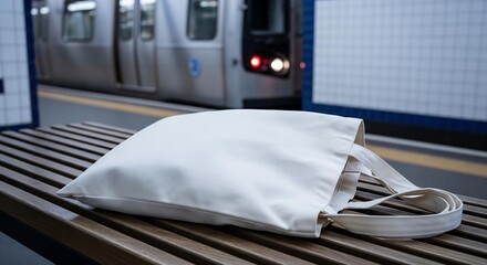 Fototapeta premium A photorealistic mockup of a person holding a blank, white tote bag while sitting on a subway train, with the blurred car interior behind.