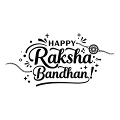 Happy Raksha Bandhan greeting with decorative elements. Stylish typography on a plain background, with traditional ornaments.