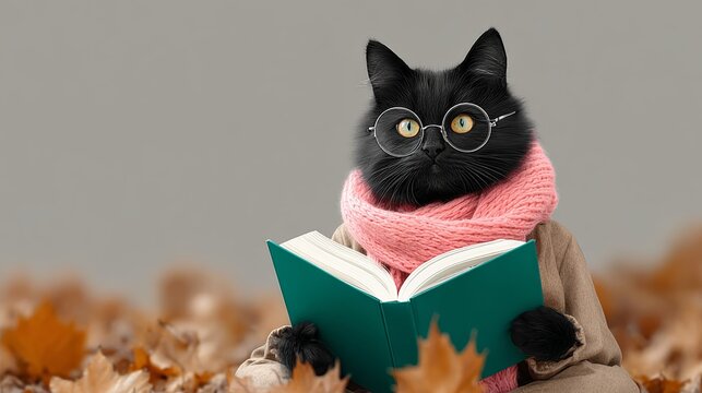 Black cat wearing glasses and a pink scarf is sitting on a pile of leaves and reading a book