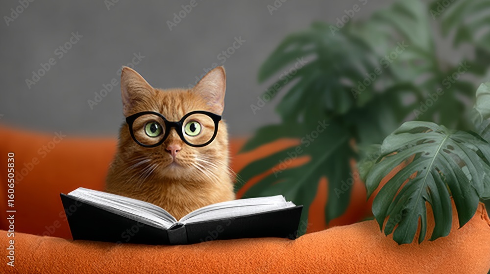 Poster cat wearing glasses is sitting on a couch with a book in front of it. the cat appears to be reading 