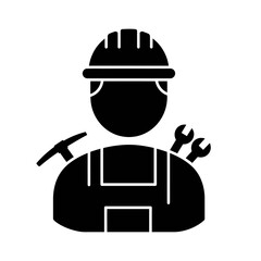 Construction Worker Icon with Helmet Wrench and Pickaxe in Black Silhouette