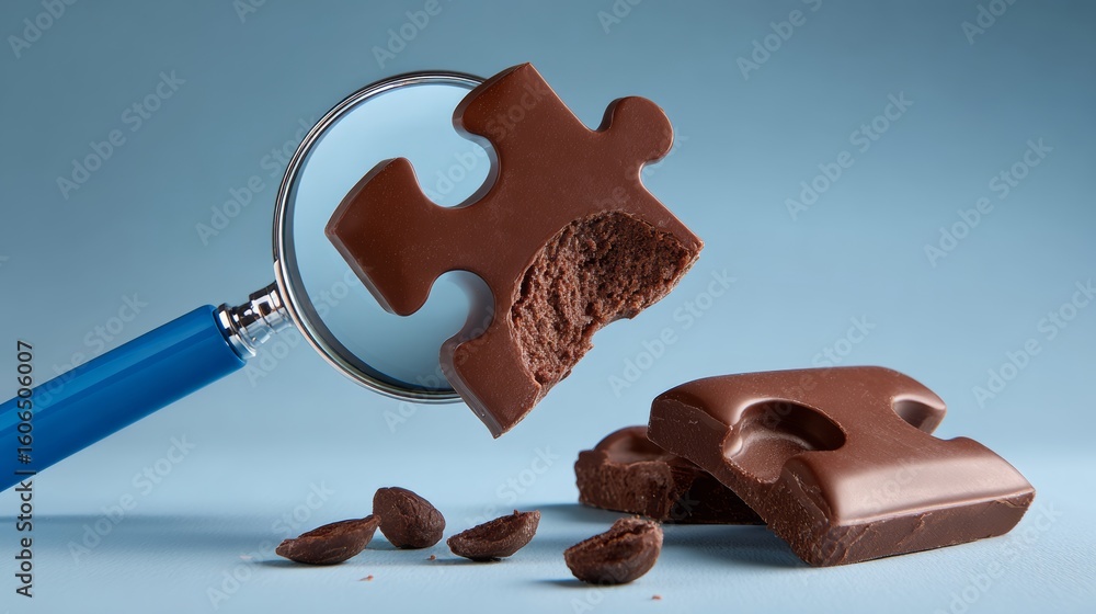 Aufkleber chocolate bar is cut into pieces and a magnifying glass is used to look at it. concept of curiosity 