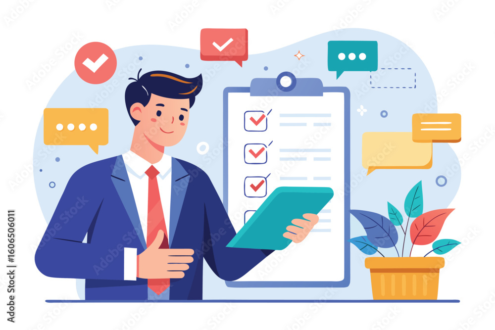 Poster businessman managing projects with checklist and communication icons in an office environment during