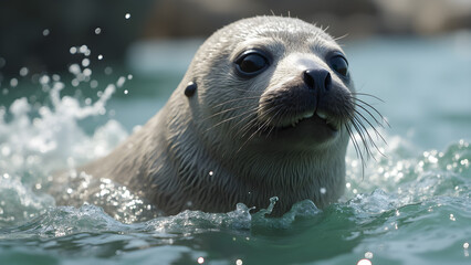 Harbor seal playfully bobbing. Cute harbor seal swimming in water. Ultra-realistic seal in marine habitat. Joyful seal splashing and playing.