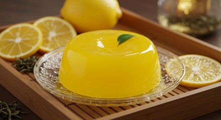 Refreshing Lemon Jelly Dessert on Wooden Tray with Sliced Lemons