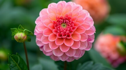 Close-up of a pink dahlia flower with detailed petals, surrounded by greenery