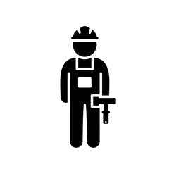 Construction worker silhouette with hard hat and tool in black and white