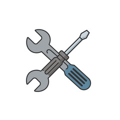 A clean, vector illustration shows a gray wrench and a blue-handled screwdriver crossed, representing maintenance, service, or configuration.