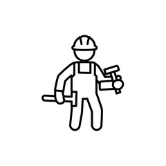 Construction Worker Icon with Hammer and Wrench in Outline Style Design