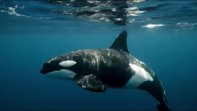 Majestic killer whale orca swimming gracefully underwater in deep blue ocean water with sunlight reflections on its sleek black and white body