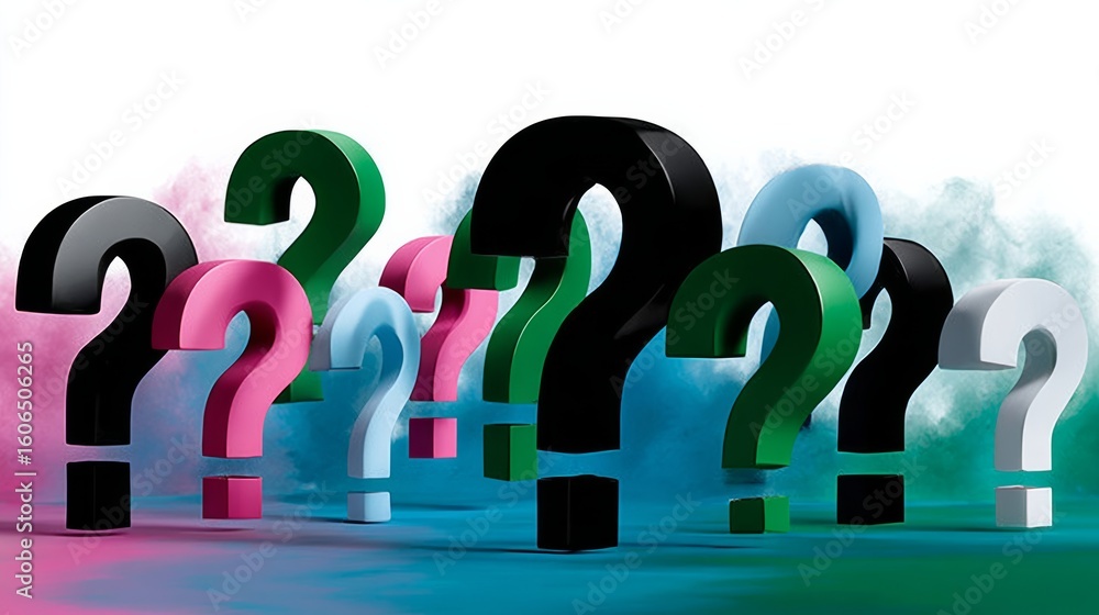 Aufkleber row of colorful questions are displayed in a row. the questions are of different colors and sizes, a