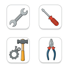 Fototapeta premium A collection of colorful cartoon hand tools including a wrench, screwdriver, hammer, and pliers, presented as isolated app icons on a clean white background.