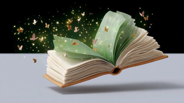 Book is opened to a page with a butterfly on it. The butterfly is flying out of the book, creating a magical and whimsical scene