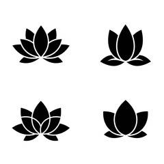 Set of Four Lotus Flower Icons in Black and White Style