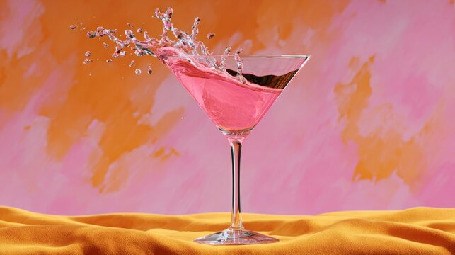Pink martini glass is filled with pink liquid and is sitting on a table. The pink liquid is splashing out of the glass, creating a splash effect. Concept of fun and excitement