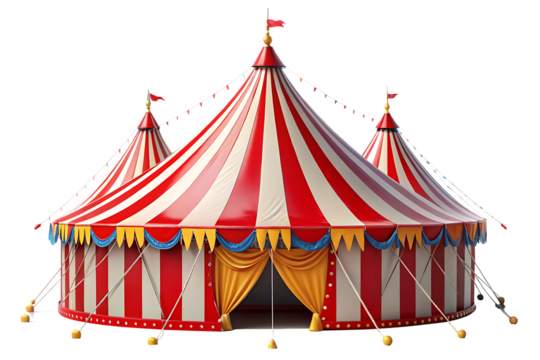 Red white striped circus tent with yellow curtains isolated on a transparent background - Powered by Adobe
