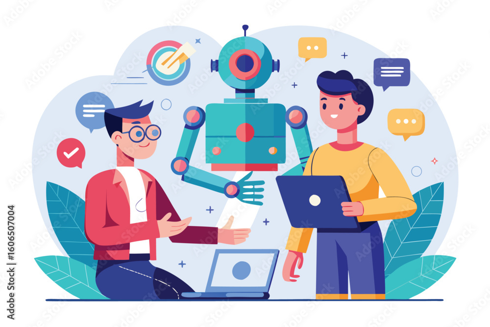 Poster collaboration between human worker and ai robot in a modern workspace promoting technology and teamw