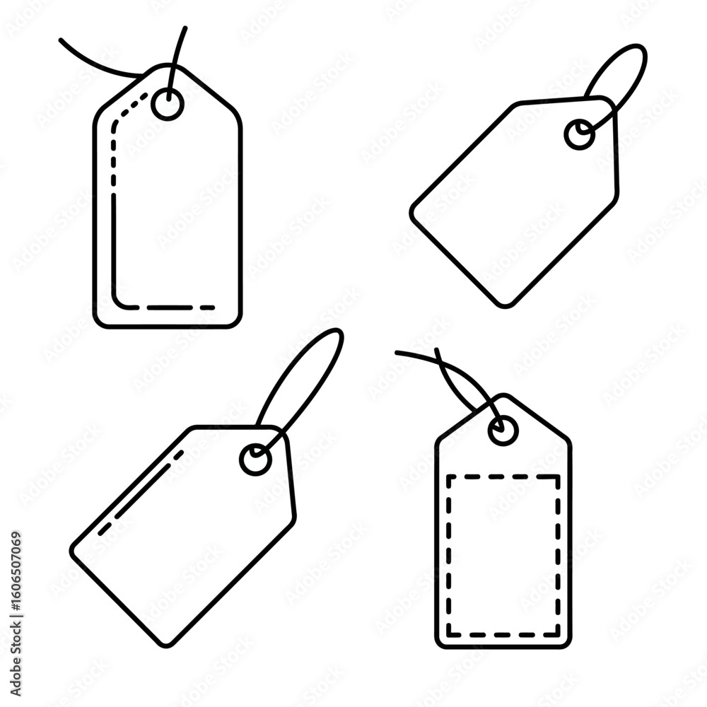 Aufkleber simple line art of four different price tags or labels with string