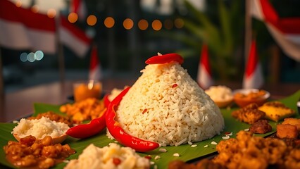 Festive tumpeng rice cone with colorful side dishes, embodying Indonesian Independence Day's culinary traditions.