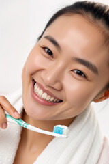 A woman with a bright smile holds a toothbrush with toothpaste, preparing for her oral hygiene routine in a cozy indoor setting. Generative AI.