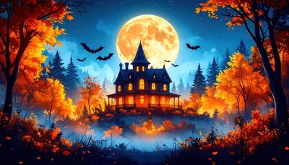 A vibrant Halloween scene with glowing haunted house, orange trees, bats, and full moon capturing seasonal spirit, mystery, and classic October ambiance