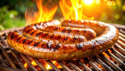 Juicy grilled sausages sizzling over flame at sunset symbolizing summer barbecue, outdoor gatherings, and festive food moments
