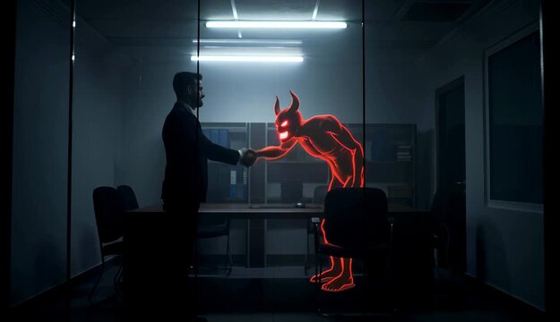 Crypto hacking alphv ptaas Smart contract security Ai singularity Open source devops Vflix Deep Instinct Breachlock Logically Businessman shakes hands with glowing red devil in office, symbolizes dea