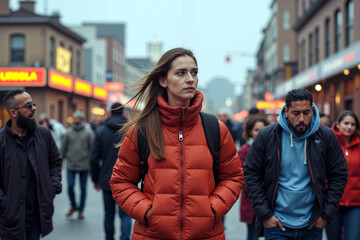 A woman wearing a red puffer jacket strolls through a bustling urban street filled with people on a gray and cloudy day, lost in thought. Generative AI.