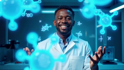 Scientist joyfully examines molecular models in futuristic lab, highlights innovation and discovery. Modern research facility, STEM inspiration, advanced technology, scientific breakthrough, education - Powered by Adobe