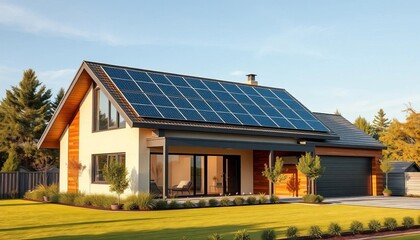 Obraz premium Modern house with solar panels on roof, energy efficient home, home, panels