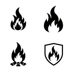 Four Black Fire Flame Icons Set on White