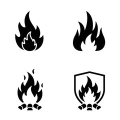 Four Simple Black Fire Flame Icons Set
