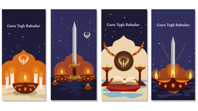 Guru Tegh Bahadur Ji Vector Story Banners - Sikh Commemoration Graphics with Kirpan, Shield & Lights