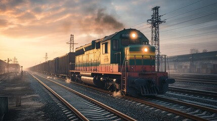 Fototapeta premium Freight Train with Locomotive on Tracks at Sunset