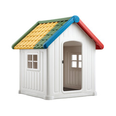 Plastic playhouse with colorful roof and windows, designed for children to enjoy imaginative outdoor play and fun activities