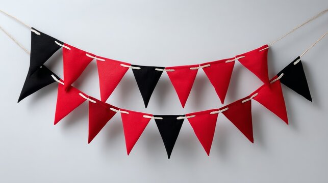 Red and black banner with a white background. The banner is hanging from a rope. The banner is made of paper and has a triangular shape