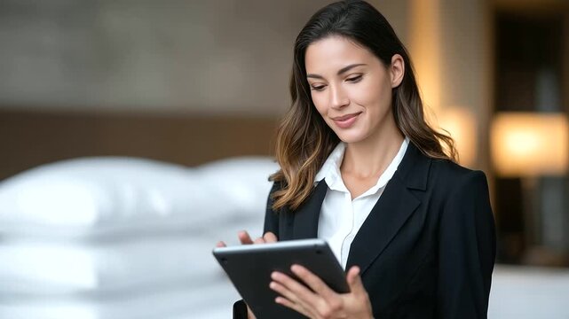 onfident hotel supervisor checking room readiness on tablet as maid arranges pillows in a clean modern hotel room hotel supervisor, hospitality industry, room inspection, manageme