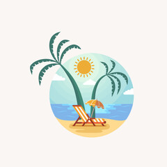 Iconic Summer Beach Illustration With Palm Tree , Summer Beach Logo icon vector
