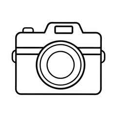 A simple blackandwhite line drawing depicts a camera with a lens